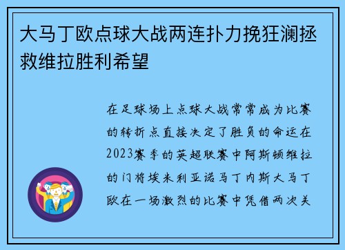 大马丁欧点球大战两连扑力挽狂澜拯救维拉胜利希望 大马丁欧点球大战两连扑力挽狂澜拯救维拉胜利希望